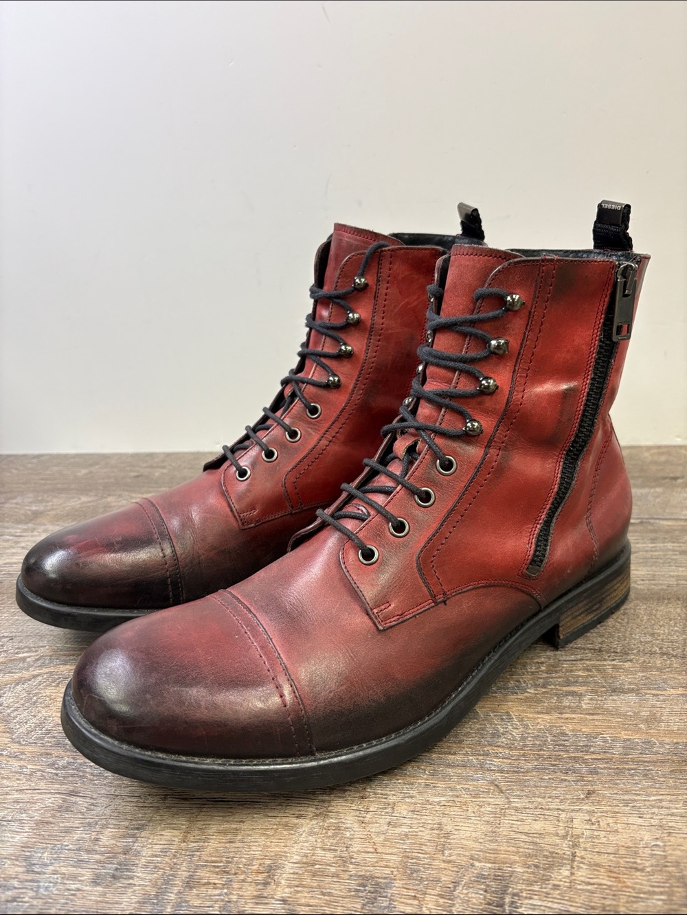 Diesel Distressed Oxblood Red Leather Combat Boots Men’s Size 44 / US 10.5